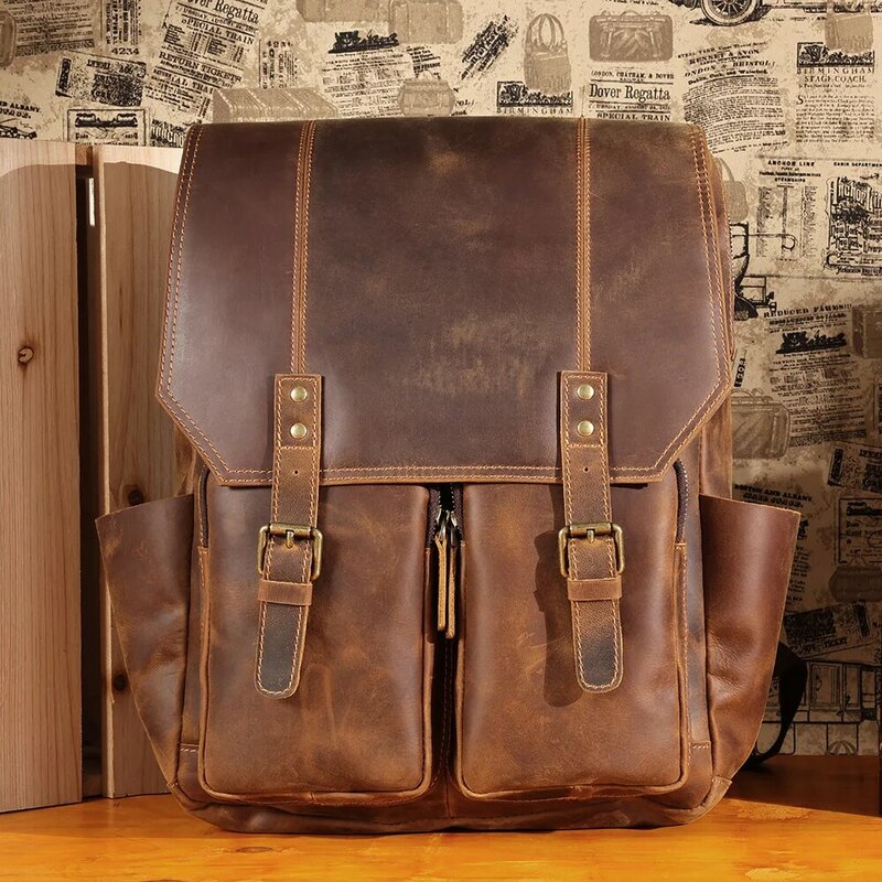Plecak męski skóra Crazy Horse 15.6 "mała torba na laptopa torby szkolne o dużej pojemności Vintage plecak podróżny męskie nowe