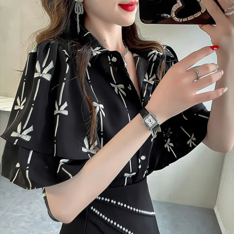 Ruffled Floral Shirt Top for Women's New Short Sleeve Polo Neck Loose Printing Elegant Blouse Vintage Fashion Women Clothing