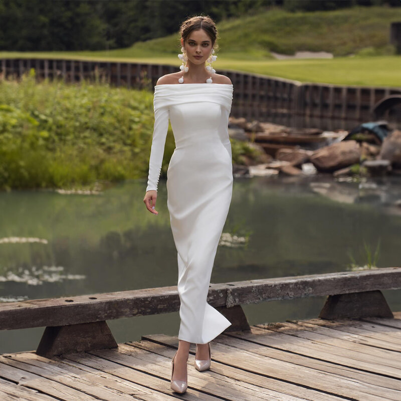 Simple Boat Collar Satin Long Sleeve Wedding Dress for Women Elegant Sheath Knee-Length Wedding Party Gowns robes de soirée
