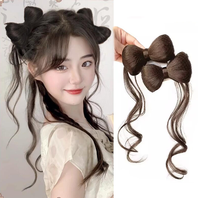 Synthetic Bow knot clip hair bun set clip style hair extensions hair chignons Chicken Feather Claw Double Ball Hair Bag