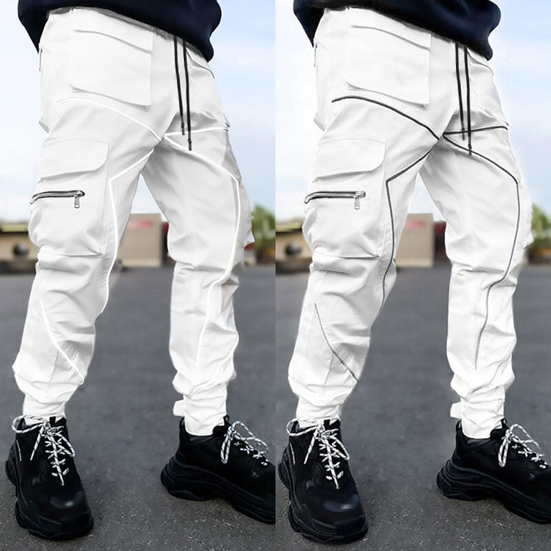 Y2K męskie w stylu Casual, czarny spodnie Cargo na siłownię luźne Plus rozmiar kilka kieszeni w paski Fitness sportowy joggery hip-hopowe spodnie Techwear Men