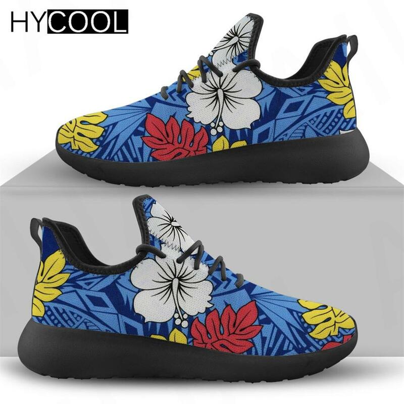 HYCOOL sepatu kets jaring untuk wanita, sepatu Sneakers olahraga rajut bunga Hawaii dengan motif 3D polinean, sepatu Gym ringan