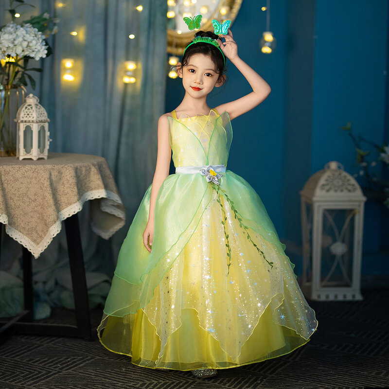 女の子のためのプリンセスティアナコスプレドレス,プリンセスドレス,カエル,子供のハロウィーンの衣装,カーニバルパーティー,緑の生地