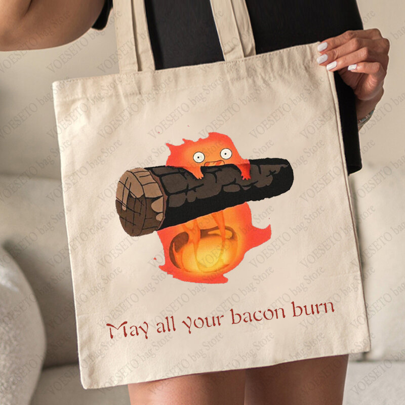 May All Your Bacon Burn Pattern Tote Bag Trendy Folding Canvas Shoulder Bags for Daily Commuting Women's Reusable Shopping Bag