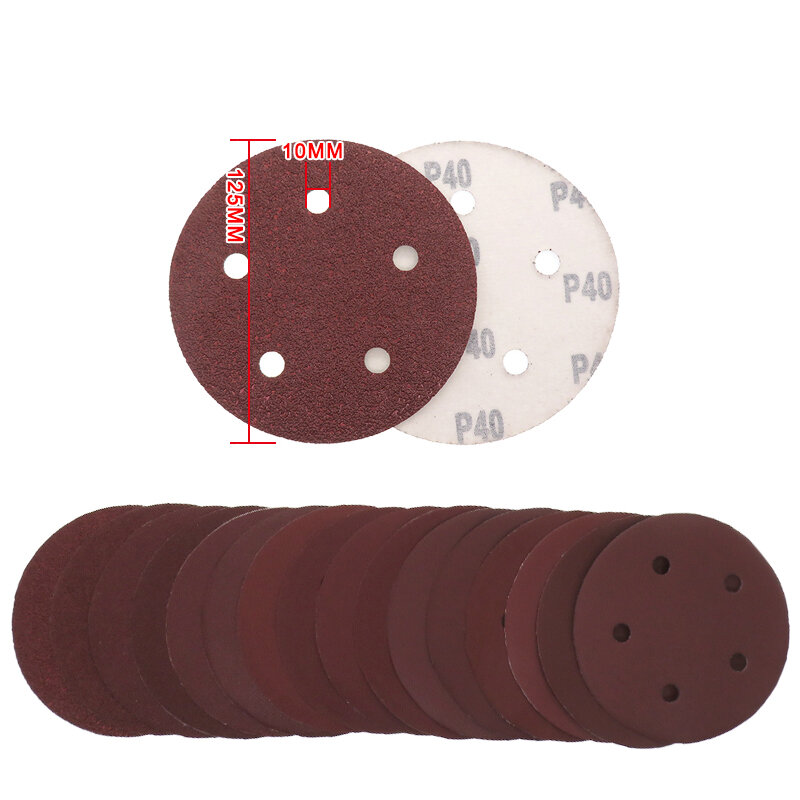 Papel de lija rojo de 5 agujeros, 50 piezas, surtido de 60/80/120/180/220/320/400/600/800/1000, grano, gancho y bucle para pulir y moler