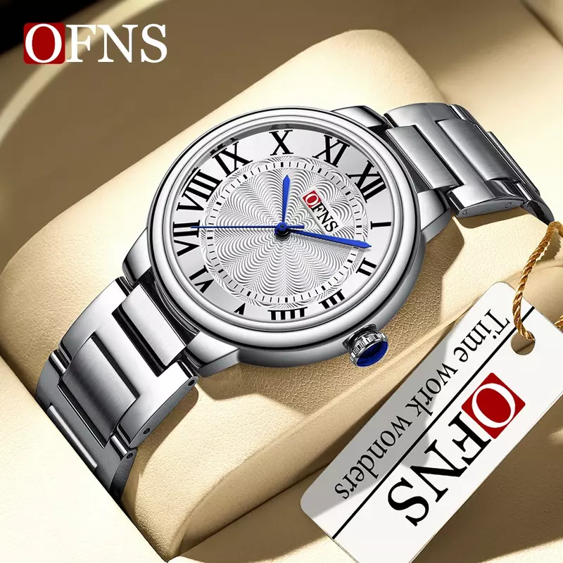 OFNS-Relógio de quartzo impermeável para homens e mulheres, marca 1508, faixa de aço simples, mostrador romano, esportivo, moda superior