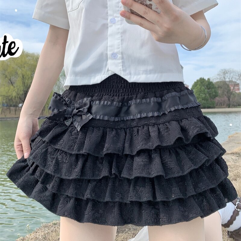 Lolita Mini spódniczka kobiety gotyckie wysokie marszczenie w talii spódnice warstwowe słodkie dziewczęce lato Harajuku Y2k krótka spódniczka styl japoński Kawaii