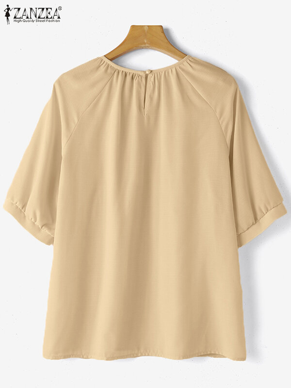 ZANZEA-túnica de cuello redondo para mujer, Blusa holgada informal coreana, Tops de manga corta, camisa Vintage, Blusa plisada Lisa elegante, 2024