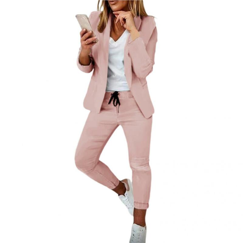 Attractive  Women Suit Set Ladies Pure Color Blazer Elastic Waist Pants Regular Sleeve Female Suit Set for Office