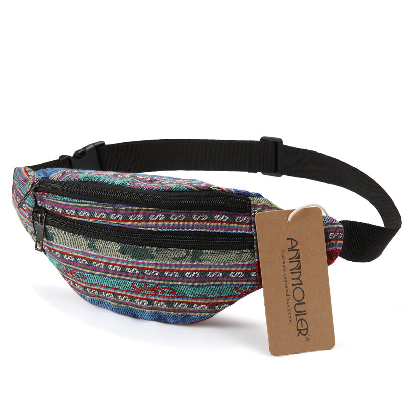 WR New Design Fanny Pack Bohemian Style Women Waist Bag Double Zipper Belt Pouch Travel Phone Bag with 6 Colors
