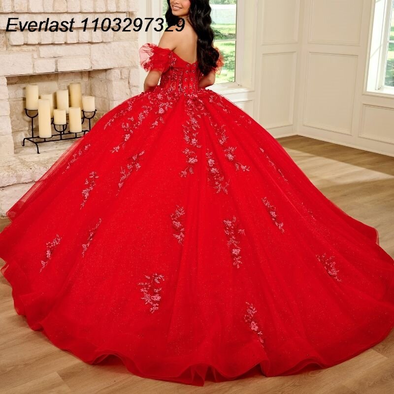 Блестящее красное платье EVLAST для Quinceanera, бальное платье, 3D Цветы, аппликация, бисер, кристаллы, корсет, милое платье 15 лет TQD590