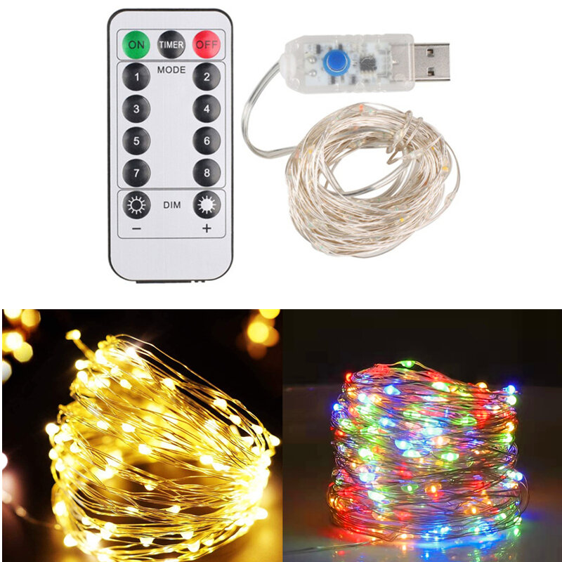 Guirnalda de luces Led con cable de cobre, 10M, 20M, alimentación por USB, 8 modos de Control remoto, guirnaldas de hadas para decoración de bodas y Navidad