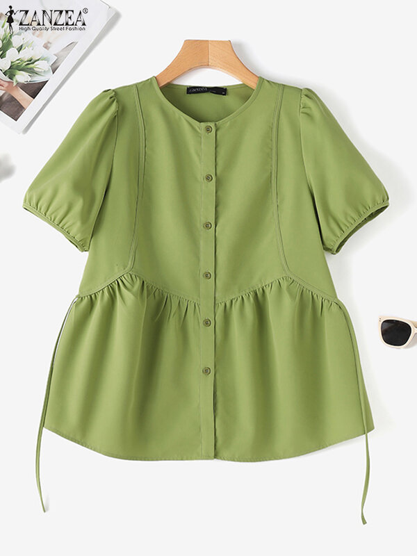 ZANZEA Stylish Short Puff Sleeve Shirts Casual Button Up Women Commute Blouses Ruffled 2024 Summer Solid Elegant Tunic Tops