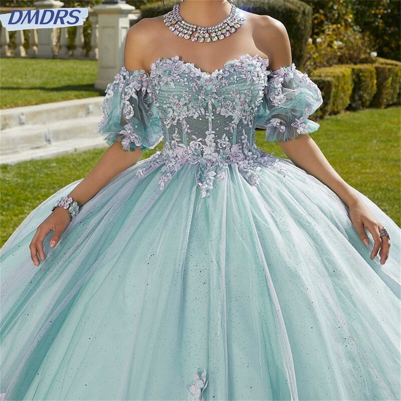 Glitter Sweetheart Ball Gown, Elegantes Vestidos Quinceanera, Fora do Applique Ombro, Lace Beading Espartilho