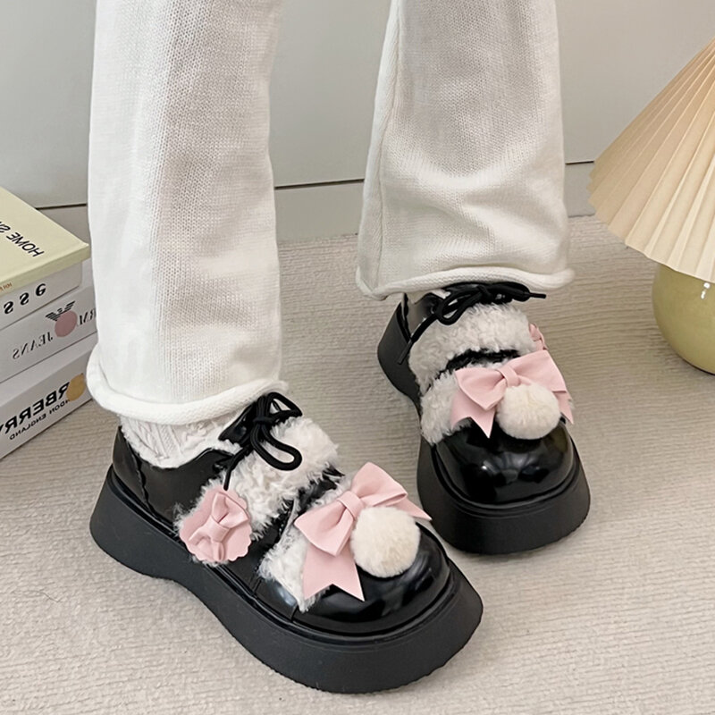Flat Black Shoes For Women Autumn Oxfords Bow-Knot Shallow Mouth British Style Loafers With Fur Casual Female Sneakers Round Toe