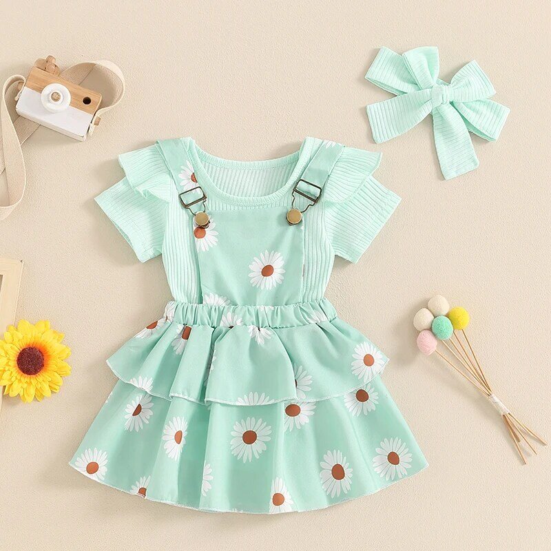 Baby Girl Outfit Spring Summer Short Sleeve Ribbed Romper Tops Suspender Skirt Headband Clothes Set