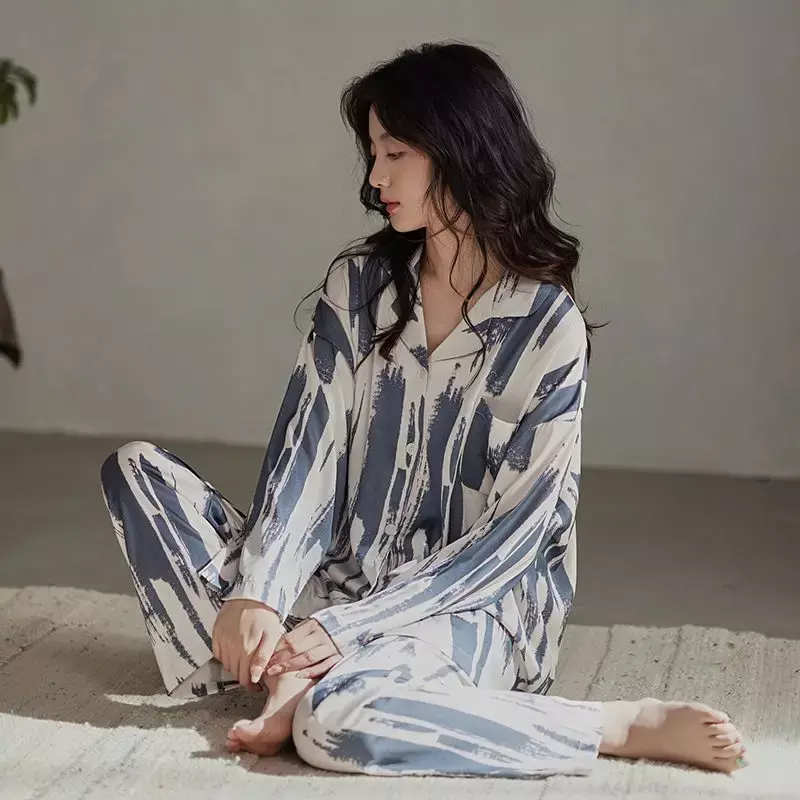 Set piyama wanita, pakaian tidur di rumah, Set piyama sutra es lengan panjang baru bagian tipis bermotif gaya Korea santai