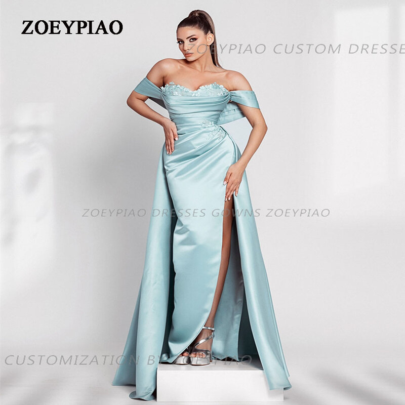 Sky Green Arabic Lace Prom Party Dresses High Split Robe De Soiree Appliques Evening Gowns Long Off Shoulder Celebrity Dress