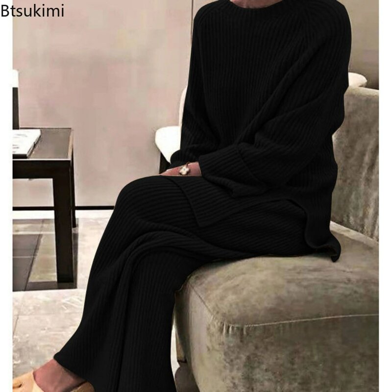 2024 Women's Knitted Suit Sets Solid O-neck Long Sleeves Top Wide-leg Pants Set Female Spring Warm Casual Lady Home Clothes Sets