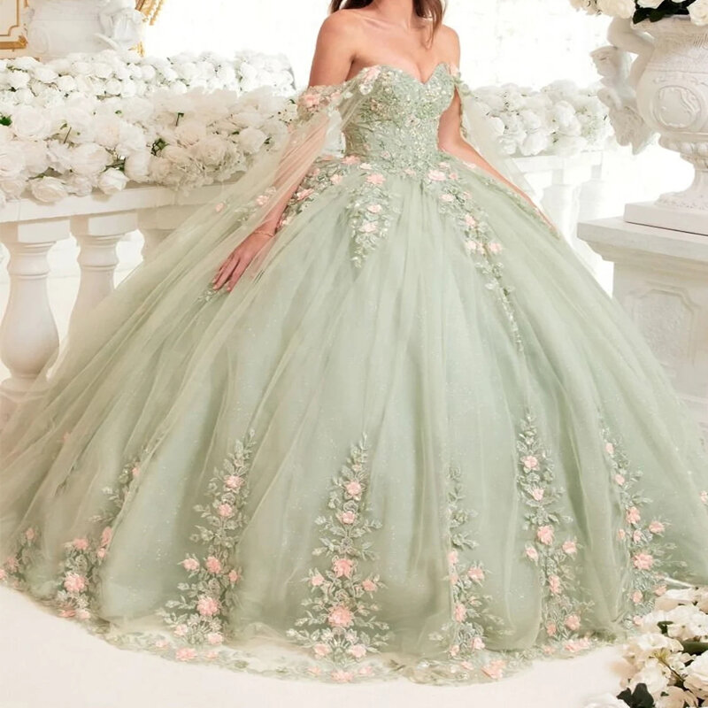 Sage Green Princess Ball Gown Quinceanera Dress 3D Flowers Applique Lace With Cape Sweet 16 Dress vestidos Birthday Party Gown