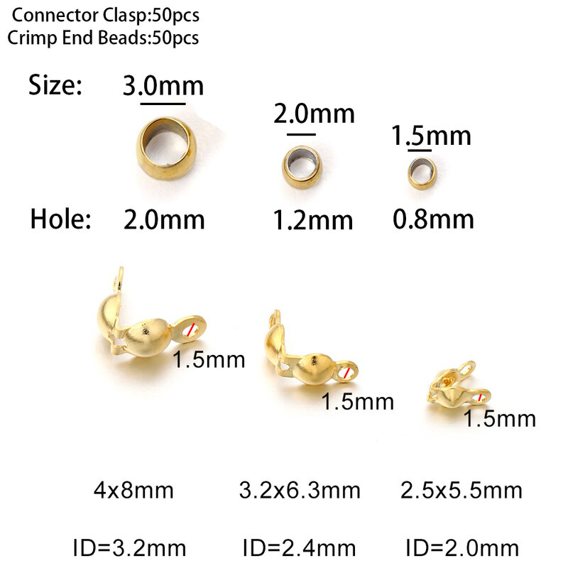 50pcs/lot Stainless Steel Gold Plated Connector Clasp Crimp End Beads For Bracelet Necklace Chains DIY Jewelry Making Supplies
