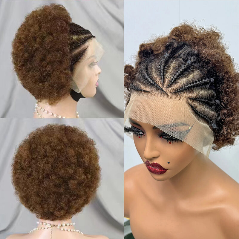 MissDona-pelucas de cabello rizado con trenzas 13x4 para mujeres africanas, Peluca de cabello humano 100% con malla frontal, hinchable, Afro