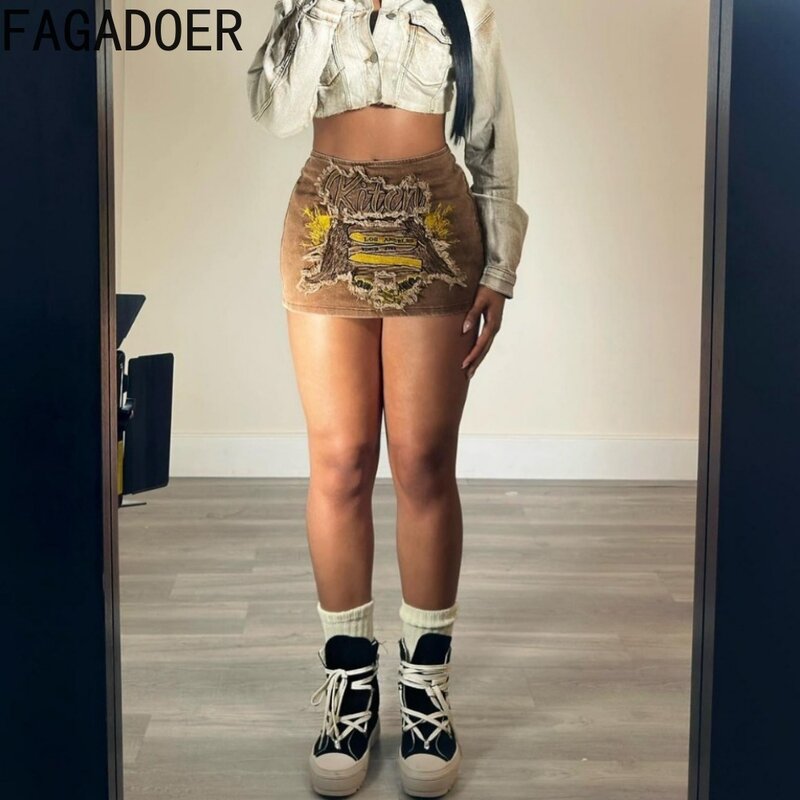 Fagadoer-女性のためのレトロなファッション刺denimスカート,ハイウエスト,伸縮性のあるミニスカート,お揃いの暖かい,新しい,y2k,茶色,夏