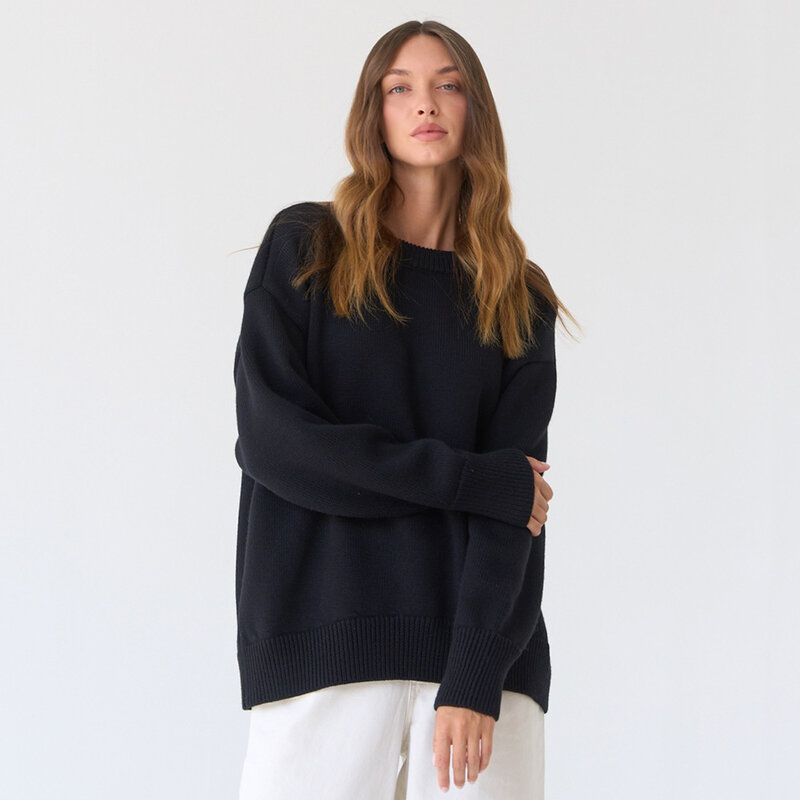 Sweater rajut leher O wanita, atasan Pullover hangat tebal ukuran besar longgar kasual musim gugur musim dingin