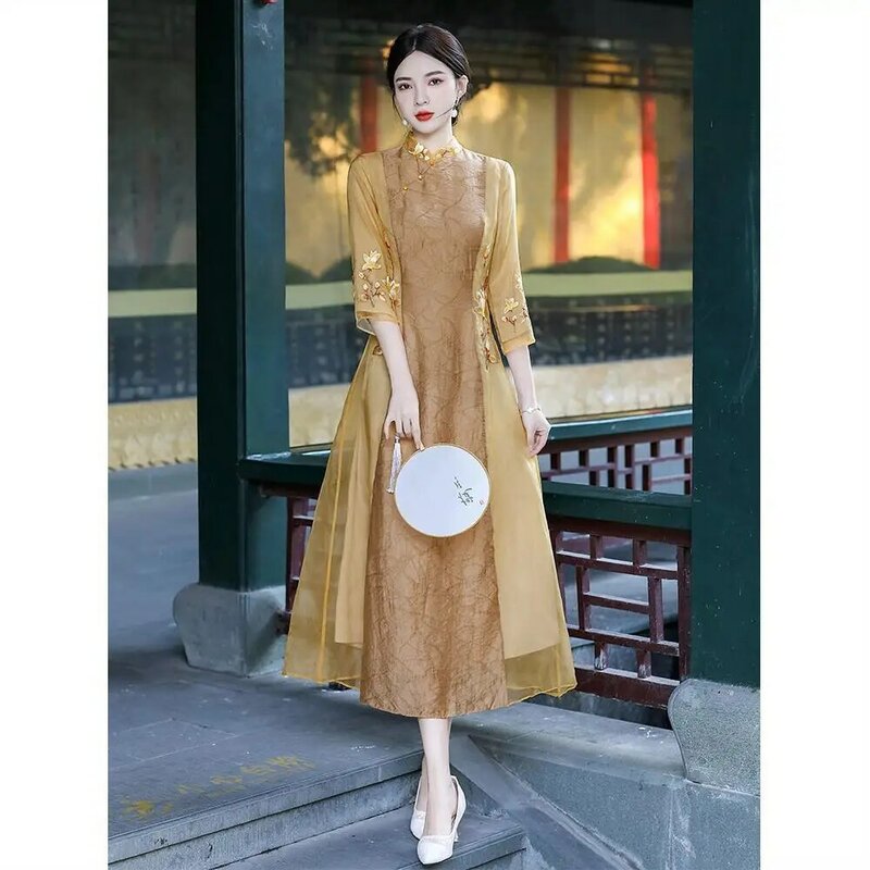 Cheongsam melhorado em estilo chinês para jovem senhora, vestido bordado com temperamento, vestido feminino de chiffon, vestido qipao