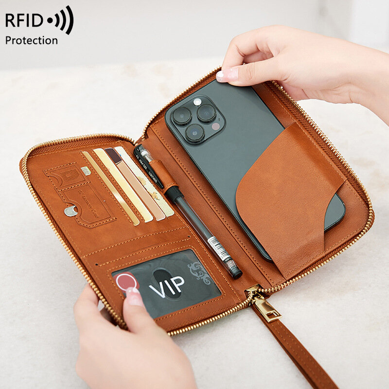 RFID 차단 카드홀더 지퍼 지갑 가죽 여권 커버, 여행 필수품, 휴대폰 가방, 국제 여행 액세서리, 신제품