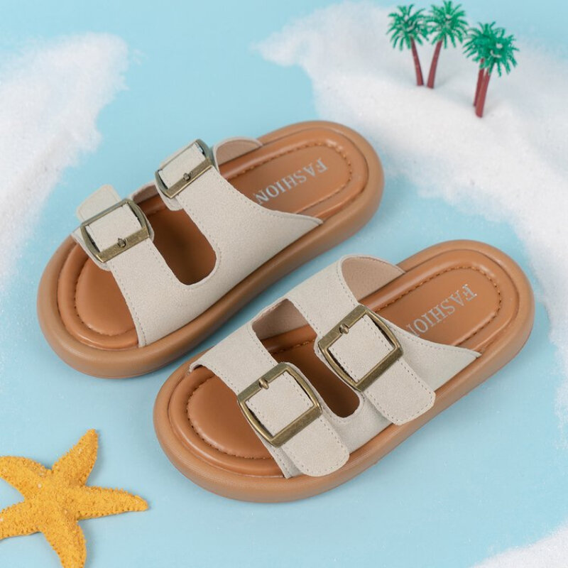 Sandalias de punta redonda para niños, zapatos planos populares para estudiantes, elegantes y cómodos, a la moda, de verano
