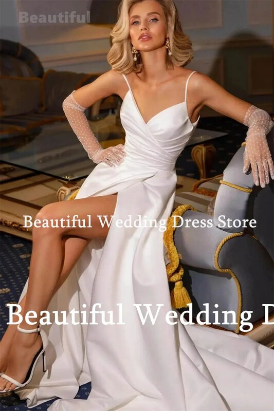Vestido de noiva acetinado simples para mulheres, decote em v, alças de espaguete, parte traseira com laço, linha A, split lateral, vestido de noiva, novo
