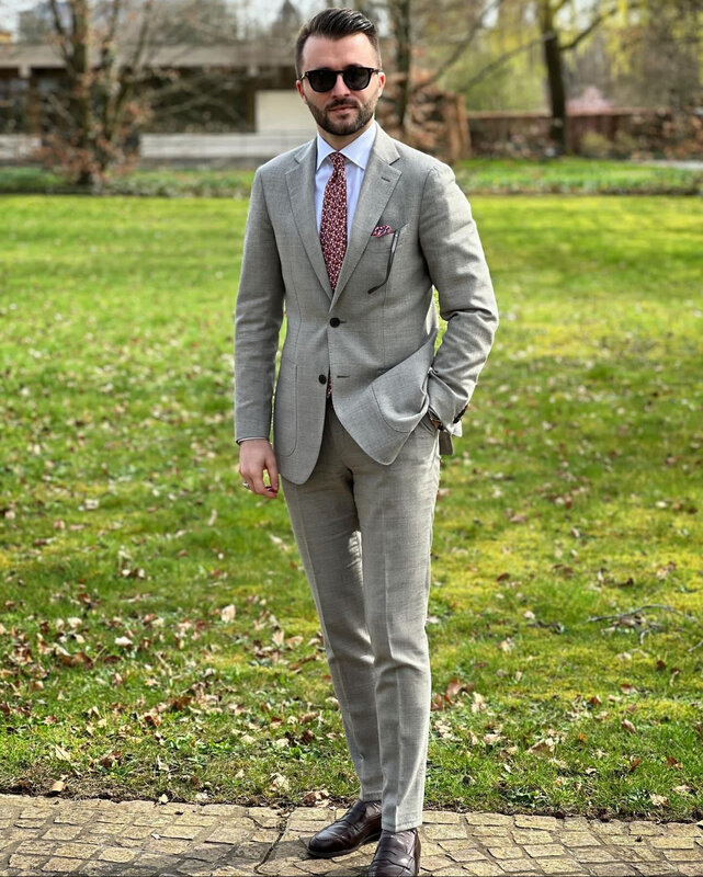 Fatos cinza casuais masculinos, blazer formal de negócios, smoking para o noivo, jaqueta e calças diárias, traje de casamento 2 PCs