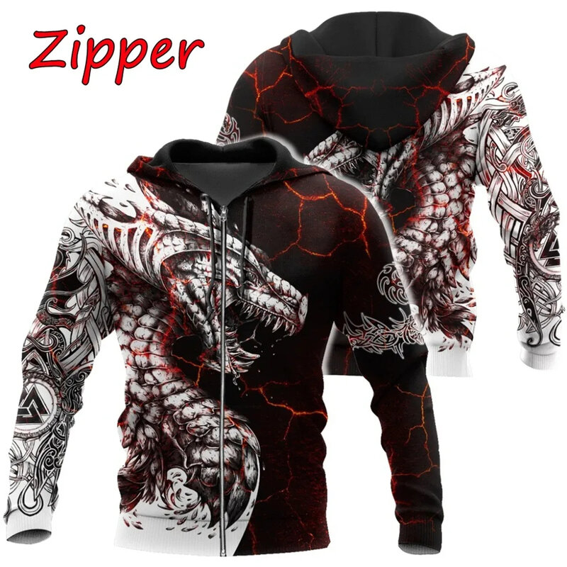 2024 Black and White Tattoo Dragon 3D Printing Men's Hooded Sweatshirt Unisex Street Dress Zipper Pullover Casual Jacket
