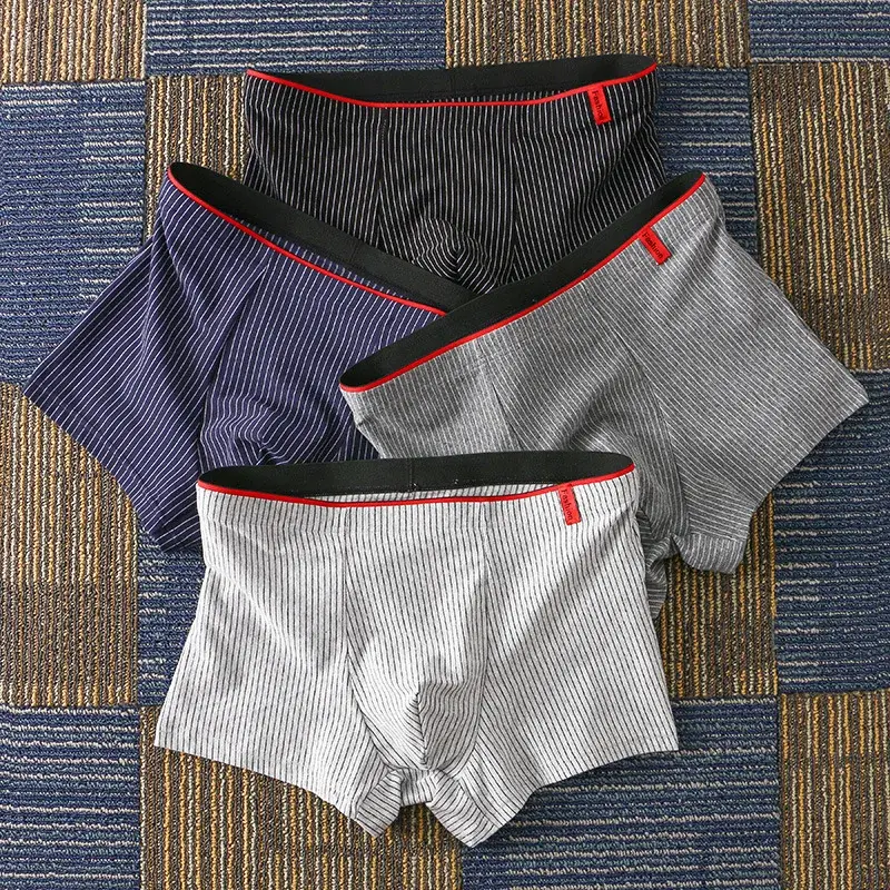 Shorts boxer masculino listrado de algodão elástico, cuecas de negócios high-end, ângulo plano, conforto respirável, cor sólida, simples