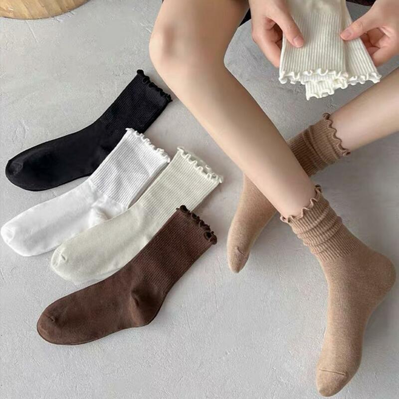Coffee-colored Mid-calf Socks Retro Lace Mid-calf Women's Socks with Sweat-absorbent Design for Daily Sports Versatile Cute