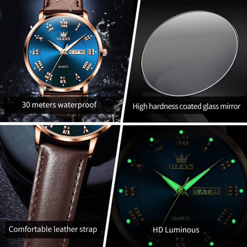 OLEVS 2920 Simple Quartz Watch Gift Leather Watchband Round-dial Week Display Calendar