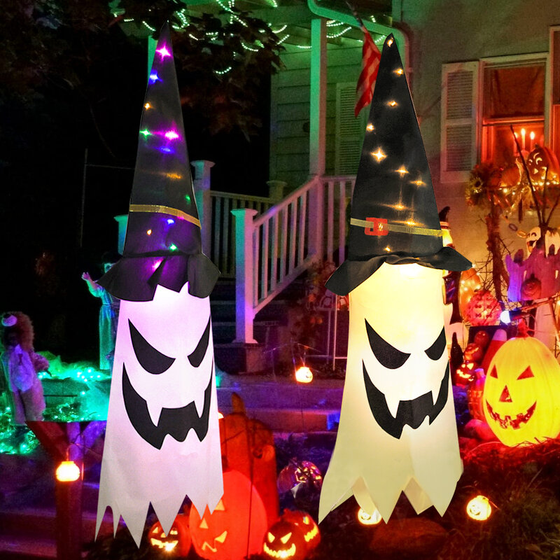 Grote Halloween Led Ghost Hoed Kleurrijke Gloeiende Heksenhoed Halloween Kostuum Rekwisieten Buiten Boom Opknoping Ornament Huisfeest Decor
