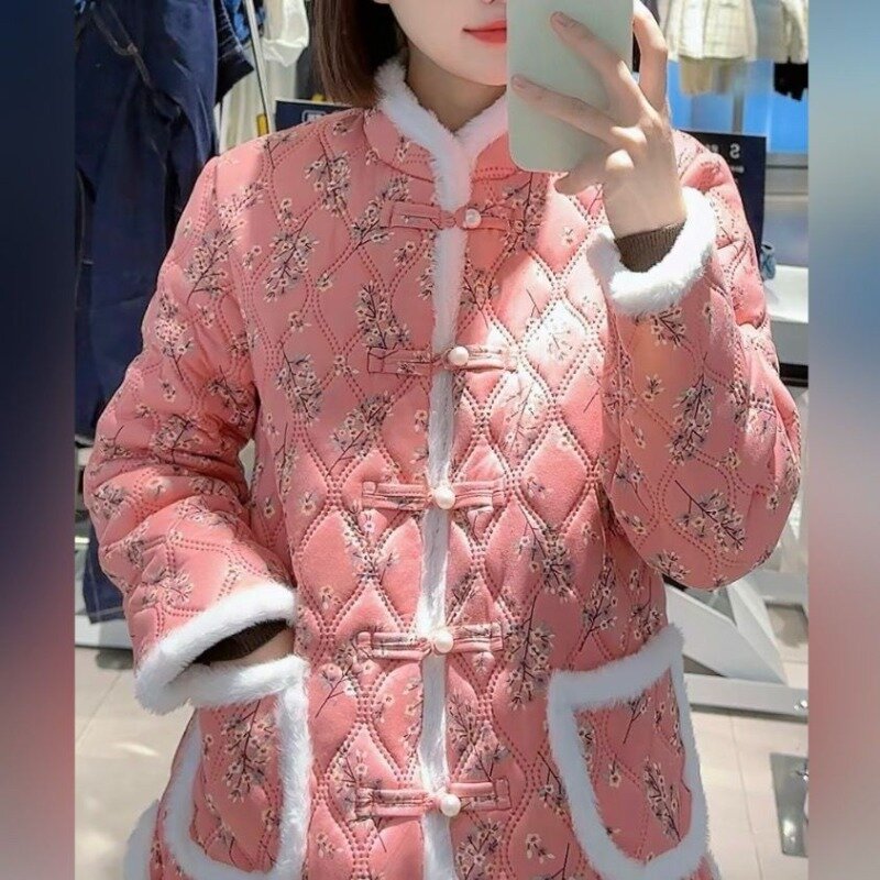 Women's Autumn Winter Fashion Elegant Standing Collar Long Sleeved Printed Cotton Clothing Casual Versatile Ethnic Style Tops