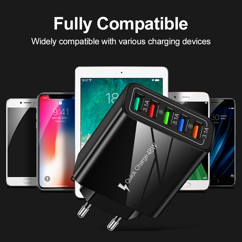 Olaf-USB充電器,5ポート,48W qc 3.0,iPhone 13 12 Samsung S10 Huawei P30用急速充電アダプター,Samsung S10