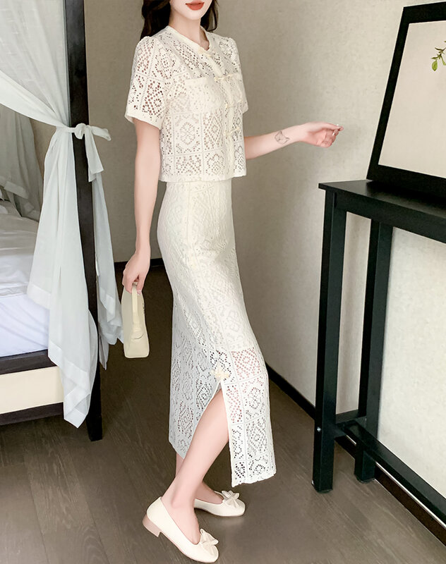 Women Two Piece Sets Summer 2024 New Knitted Short Sleeve Lace Hollow Out O-Neck Beige Apricot Color Top Shirt Skirt Suit