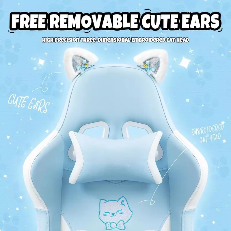 Cute Gaming Chair With Cat's Paw Lumbar Pad and Cat Ears Teenagers Ergonomic Computer Chair With Footrest Gamer Backrest Office