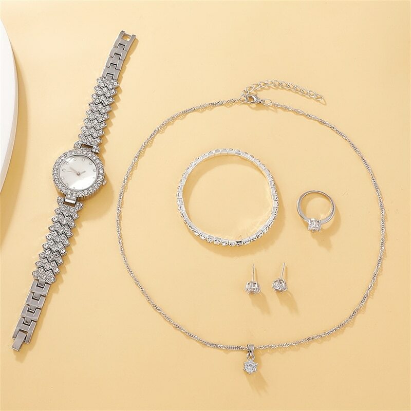 Mulheres Strass Relógio de pulso e pulseira, relógio de luxo, colar com anéis, brinco, relógios casuais para senhoras, relógio fashion, 6 peças