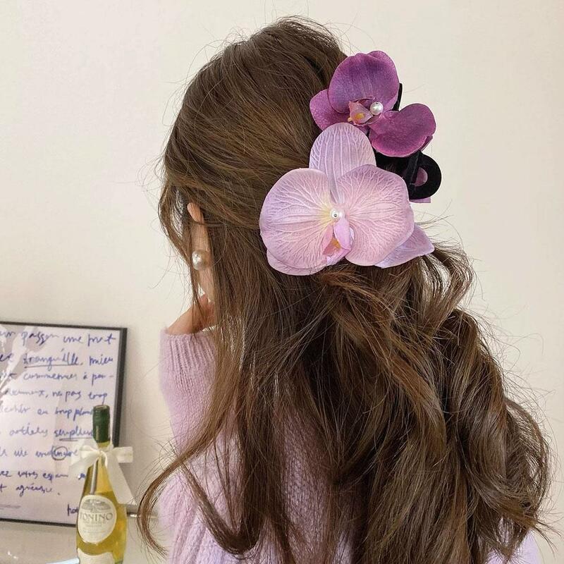 Garras de cabelo flor para mulheres Floral Headwear, Hairpin Pérola Retro, Acessórios de Moda Exagerados, Design Criativo, Phalaenopsis, O6B4