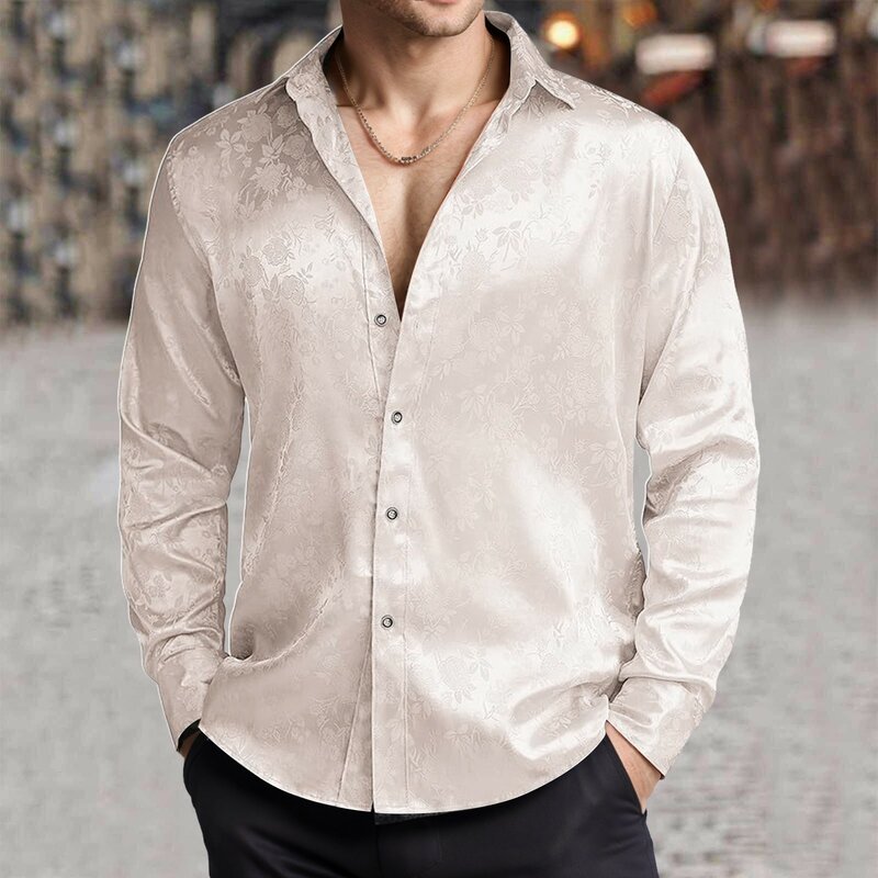 Camiseta de botão estampado masculina, tops de manga comprida, cor sólida, gola virada para baixo, moda, primavera e verão, 2024