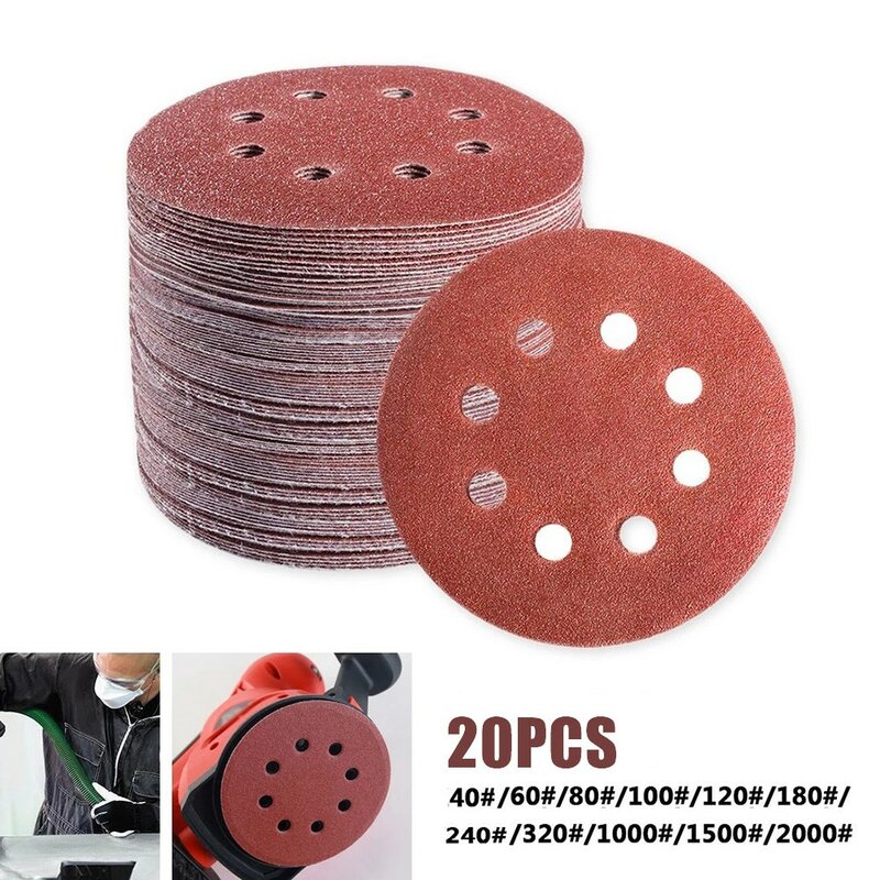 Ferramentas Abrasivas de Discos de Lixa de 8 Furos, Lixa Redonda, Gancho e Loop Grit, 40-2000, 5 pol, 125mm, 20PCs