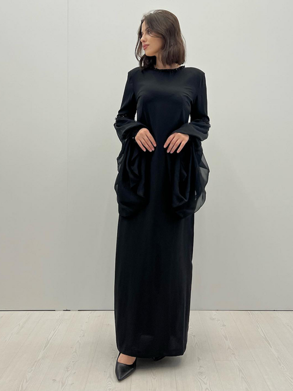 Jirocum-女性の長袖のビーズのイブニングドレス,シンプルな襟のドレス,足首の長さ,黒い色