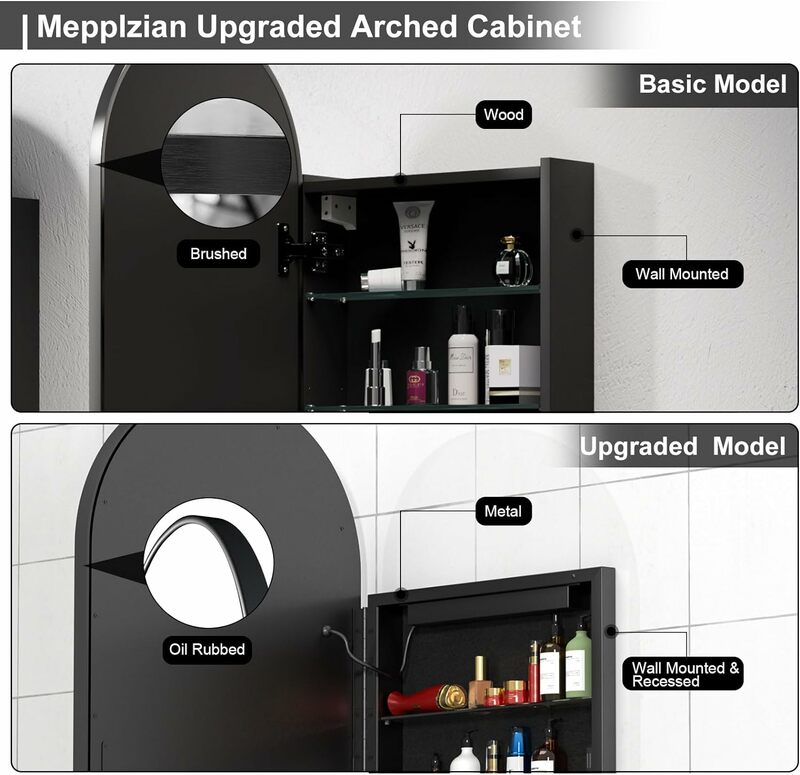Mepplzian Arched Medicine Cabinet with Lights,Recessed Medicine Cabinet with Mirror,Aluminum Framed Lighted Medicine Cabinet Mir