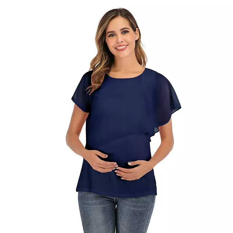 T-shirt d'allaitement pour femmes enceintes, chemisier rond à double couche, vêtements de grossesse, été, nouveau