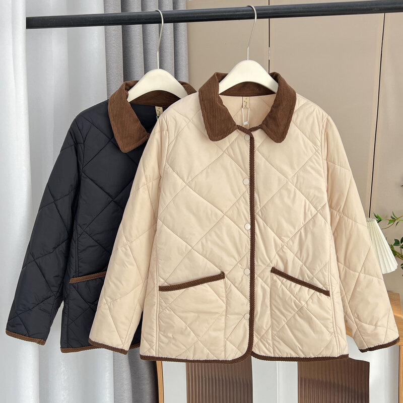 Plus Size Women's Casual Warm Parka Autumn And Winter 100KG Simple Contrast Color Lapel Thin Cotton-padded Coat